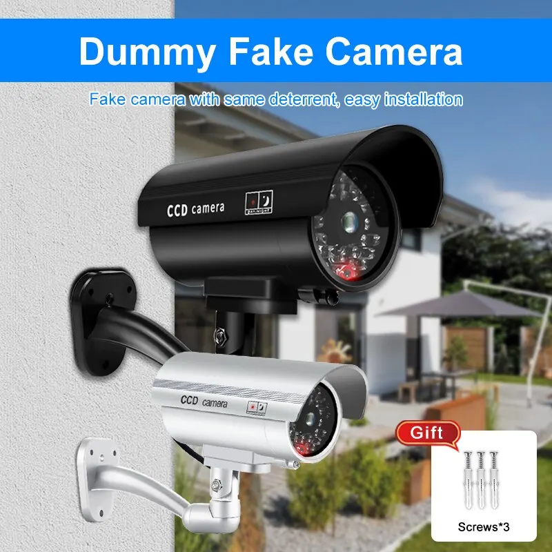 Outdoor Lighting No Wiring - 1PC ダミーセキュリティカメラ防水屋内屋外偽CCTV監視システム、赤色点滅LEDライト、配線不要