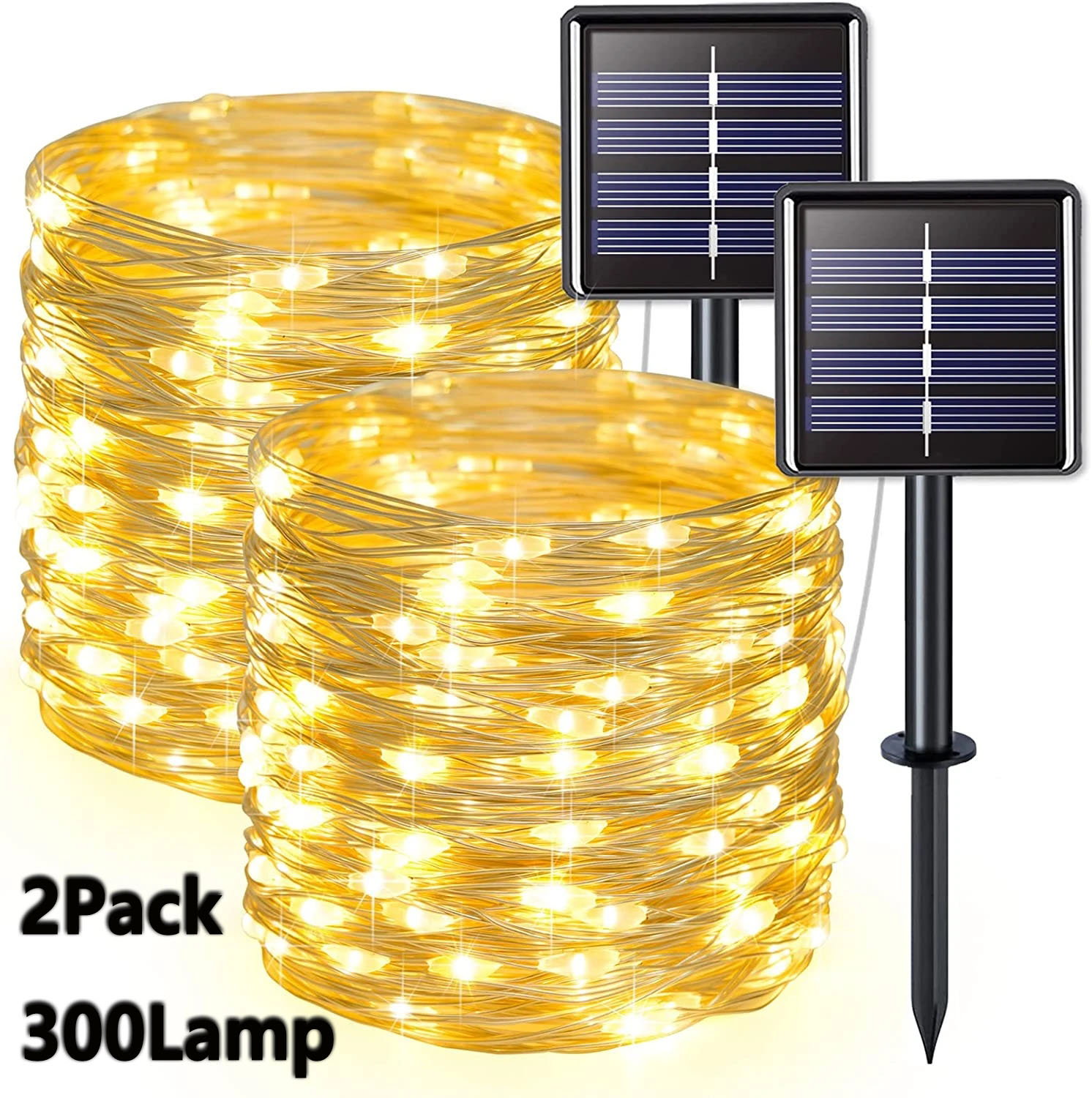 Outdoor Lighting No Wiring - ソーラーパワーLEDフェアリーライト,防水,屋外使用,8モード,銅線,しわ,2個。パッケージごと